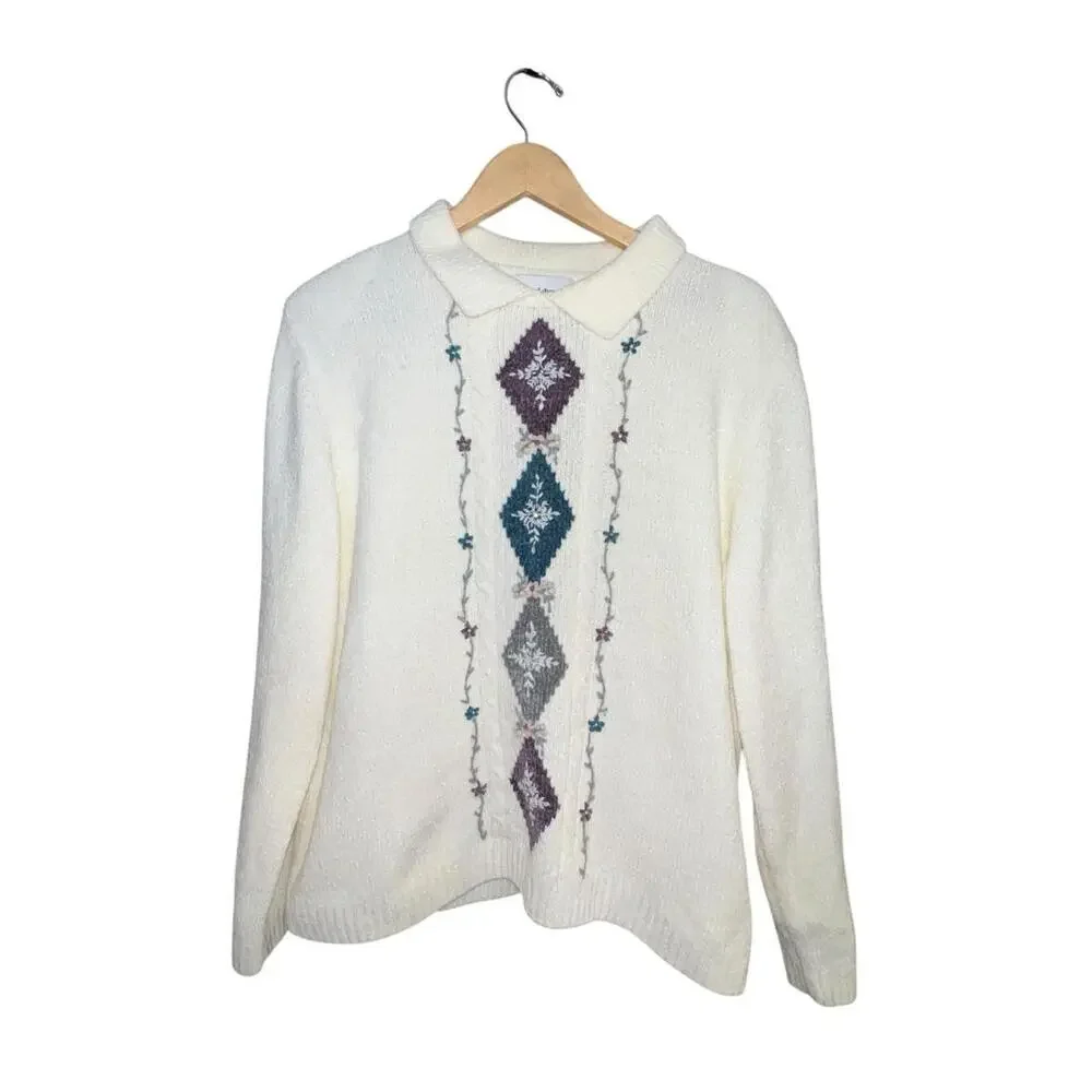 Vintage 1990s Alfred Dunner Cream Knit Collared  Grannycore Sweater Women L‎